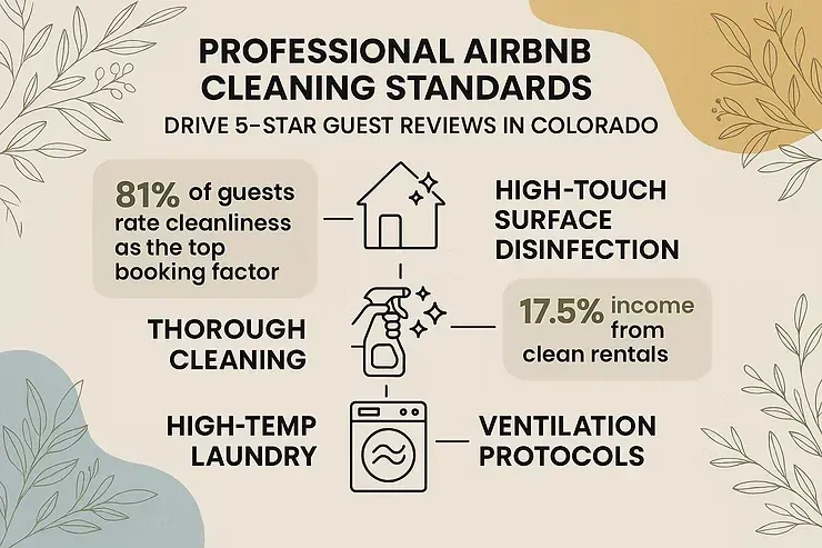Infographic on professional Airbnb cleaning standards, beige with icons and four cleaning promises.