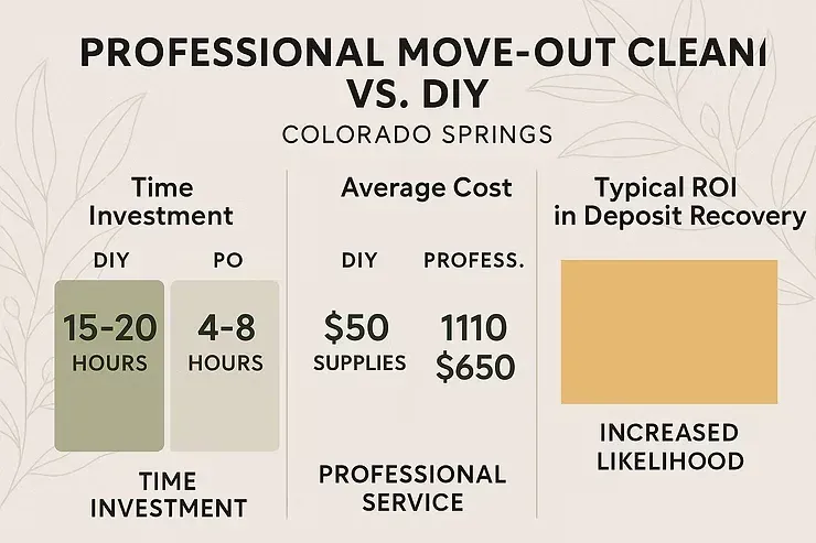 Infographic comparing DIY and professional move-out cleaning in Colorado Springs, with time, cost, and ROI stats