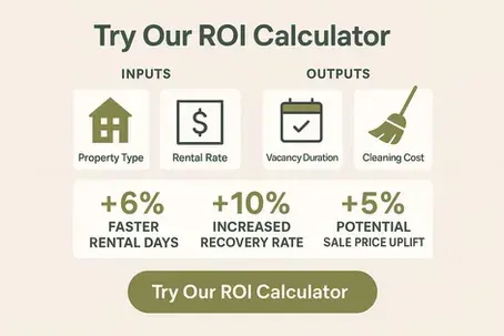 ROI calculator graphic showing inputs and outputs for property type, rental rate, vacancy, clearing cost, and projected gains
