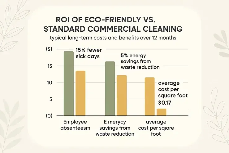 Bar chart comparing eco-friendly vs standard commercial cleaning ROI with green and yellow bars and cost metrics