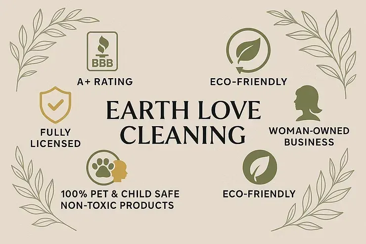 Earth Love Cleaning logo with eco-friendly and licensed badges on beige background