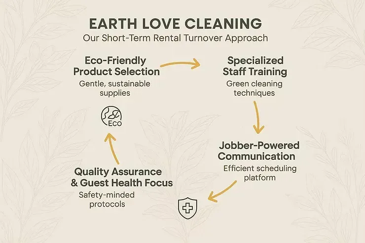 Earth Love Cleaning process diagram with eco-friendly product selection, staff training, and communication arrows.