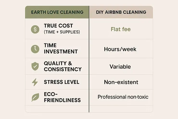 Comparison chart of Earth Love Cleaning vs traditional cleaning with checked service features