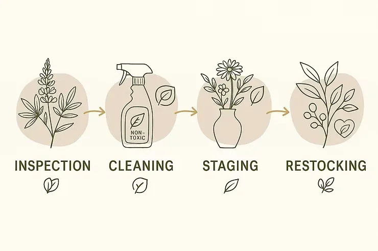 Illustrated four-step process: inspection, cleaning, staging, and restocking with plants and spray bottles.