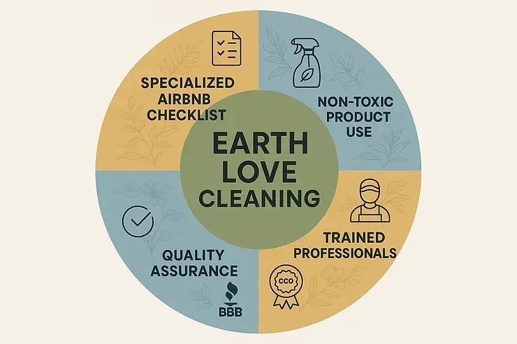 Infographic for Earth Love Cleaning: 50-point checklist with green icons and client success stats.