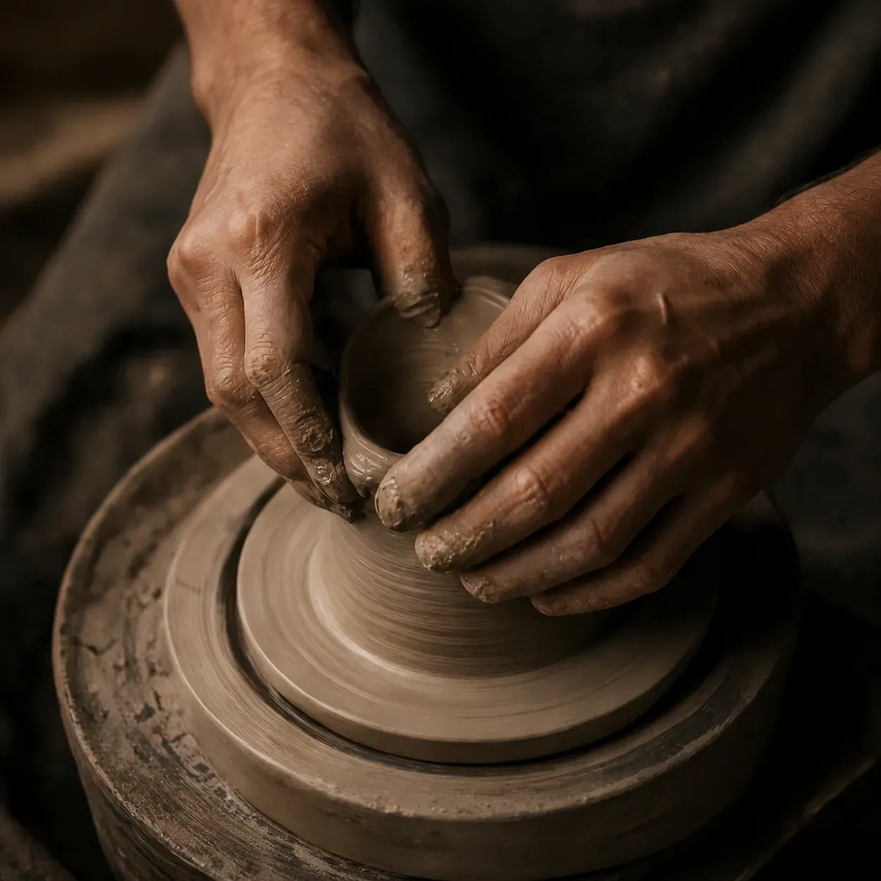 Mani che modellano l’argilla su un tornio da ceramica, fotografia ravvicinata in stile editoriale artigianale con luce calda e atmosfera materica.`
