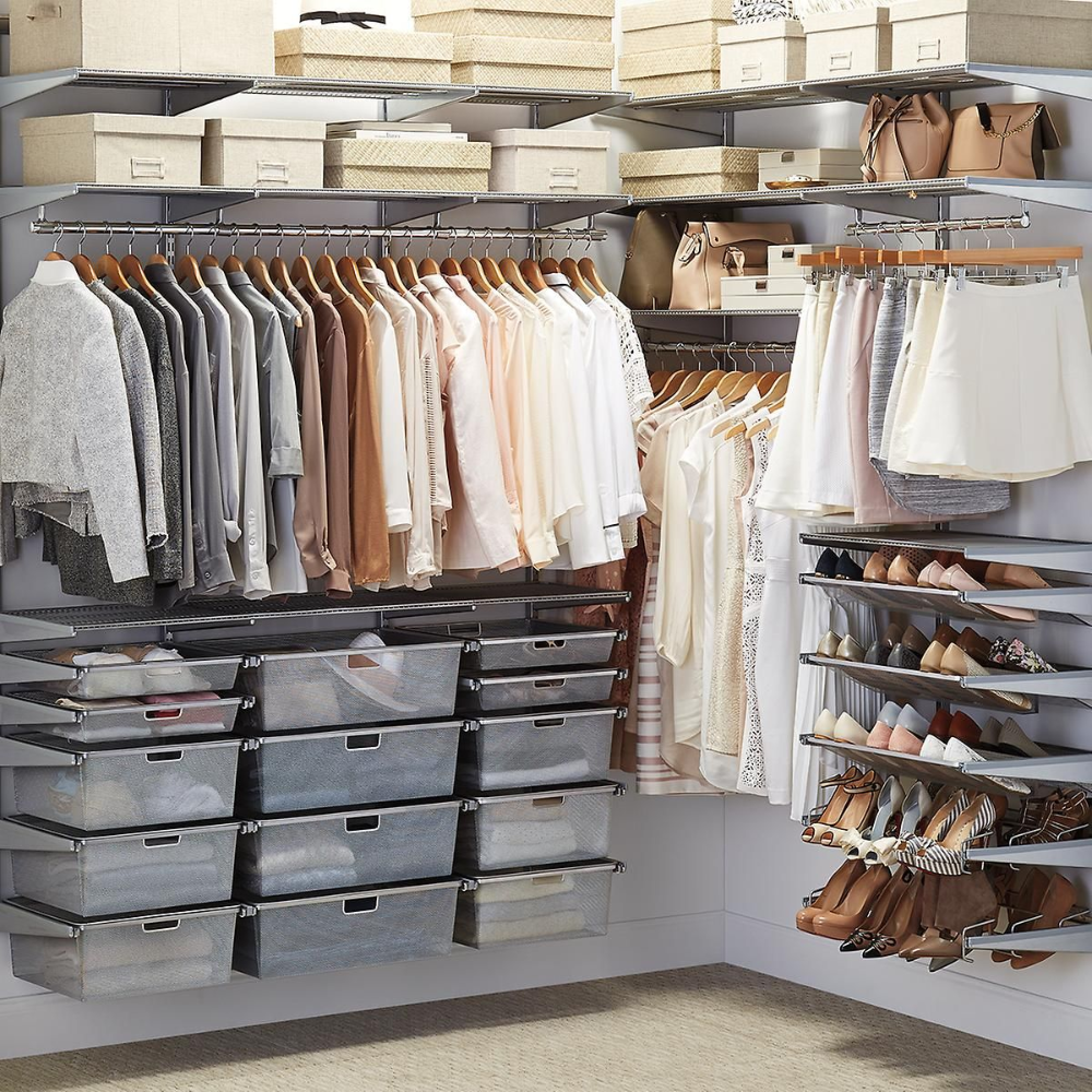 Walk-in closet organized with hanging clothes, drawers, shoe shelves, and storage boxes; neutral tones — Ezyshelf in Mackay, QLD
