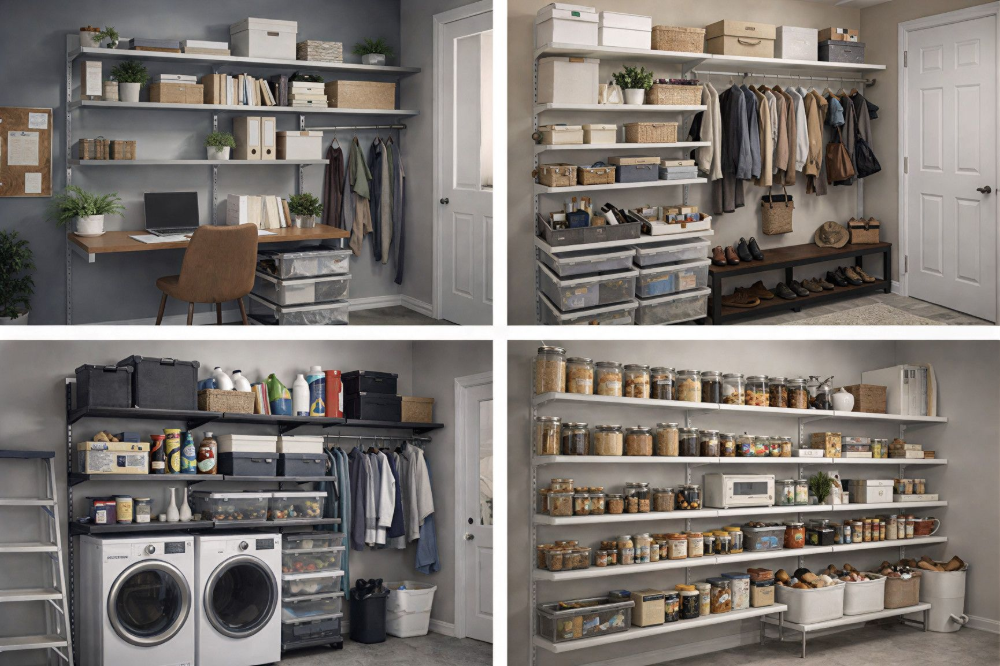 Four images of organized storage systems in different rooms. Each features shelves, bins, and hanging rods.— Ezyshelf in Manunda, QLD