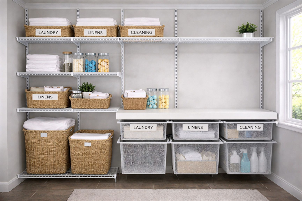 Laundry room with white wire shelving, baskets, and bins for organization. — Ezyshelf in Manunda, QLD