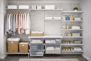 Organized white closet with hanging clothes, shelves holding bins, shoes, and jars— Ezyshelf in Manunda, QLD