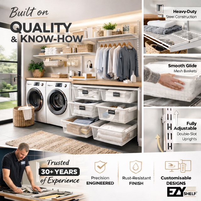 Laundry Room With Shelving And Storage, Plus Detail Images Of Construction And Features — Ezyshelf in Manunda, QLD