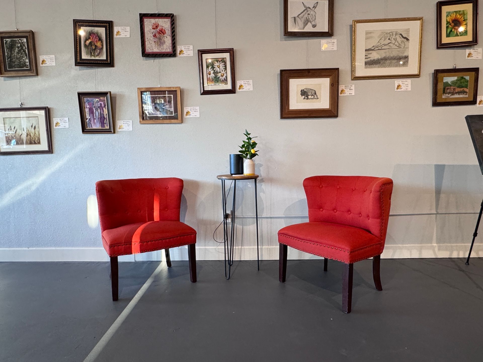Two red chairs facing a wall with framed art. A small table holds plants.