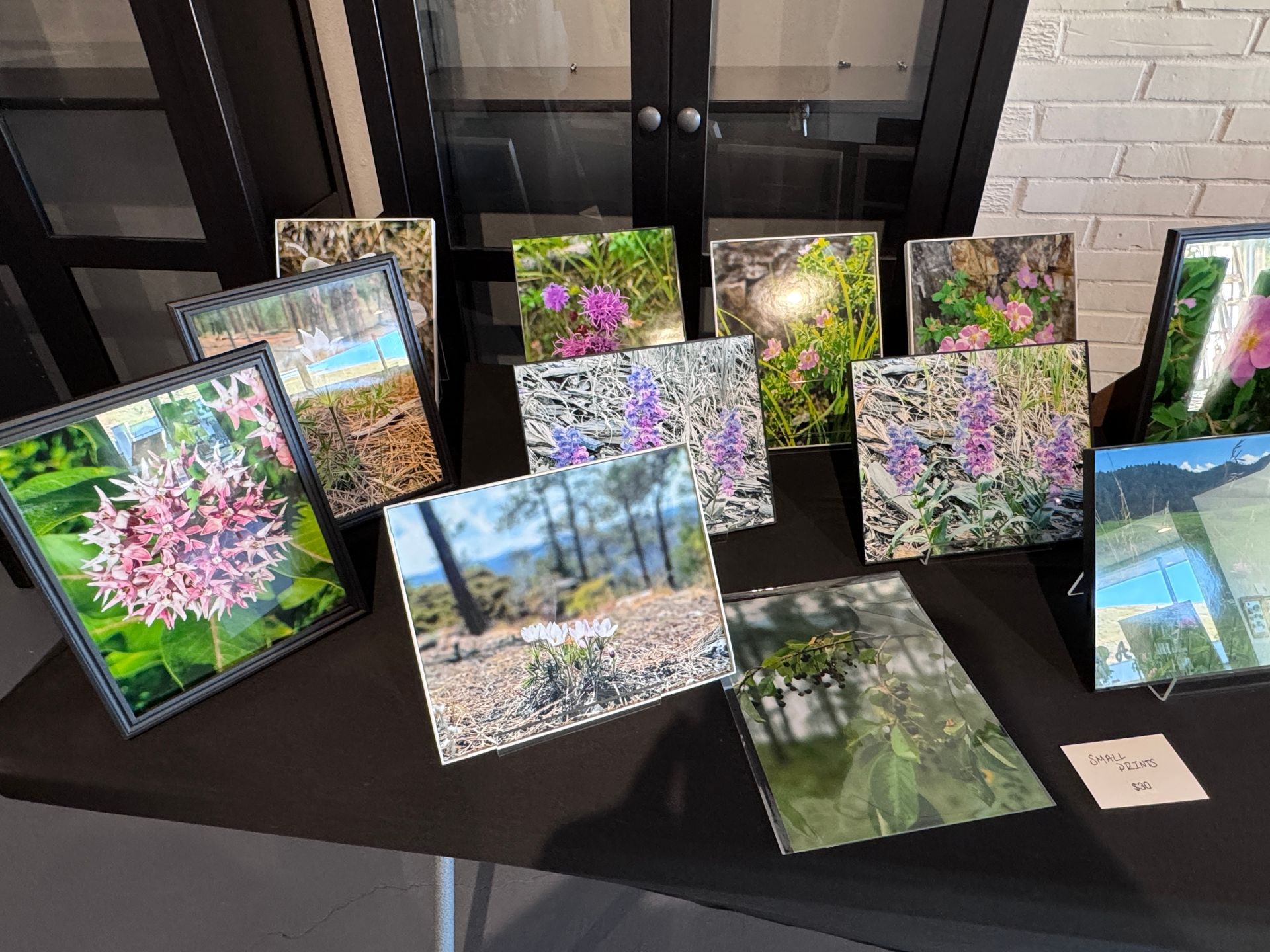 Photographic prints of flowers and landscapes displayed on a black surface.