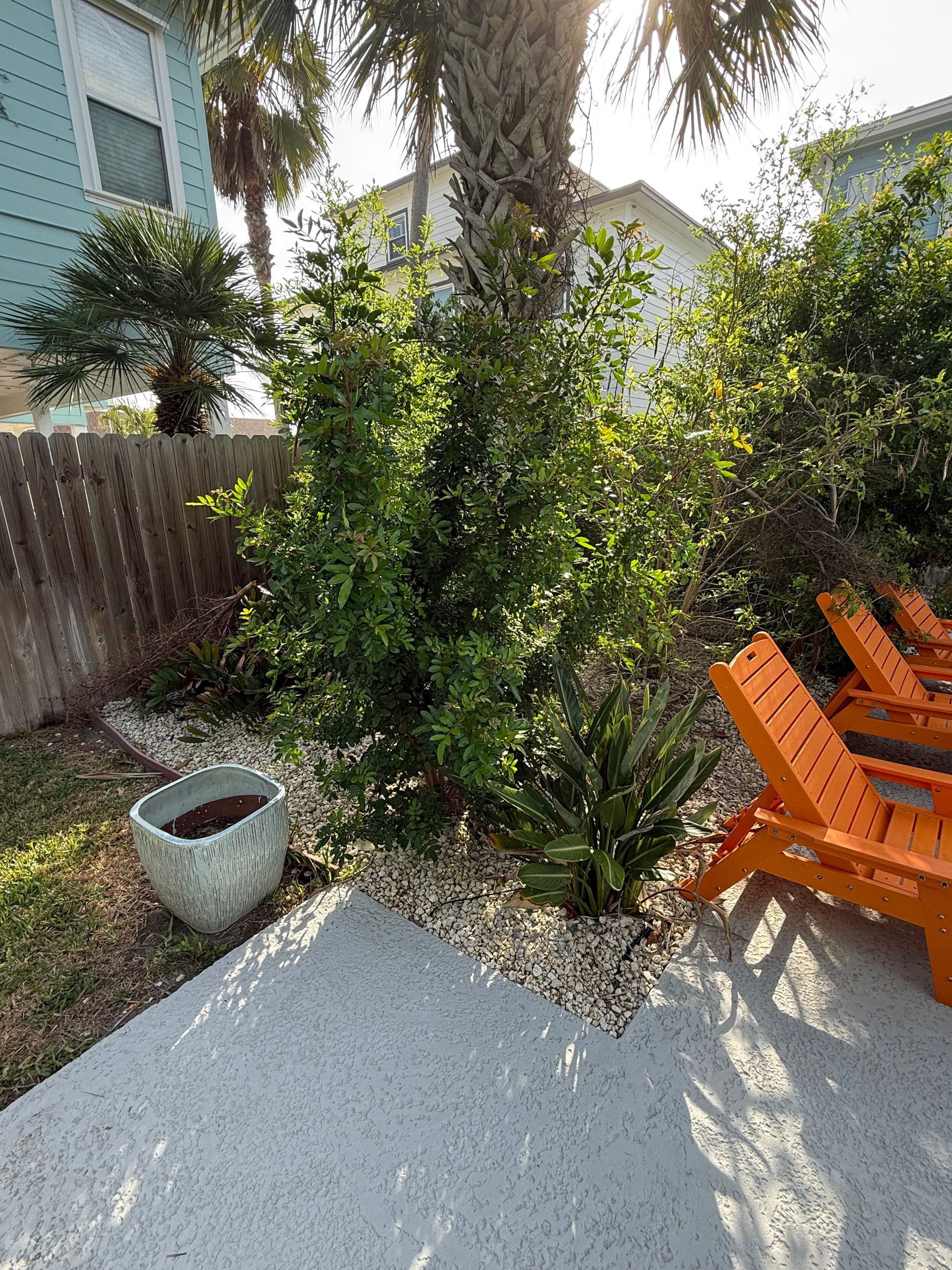 Orange lounge chairs sit on a patio next to a lush green shrub and a small potted plant in a sunny backyard.