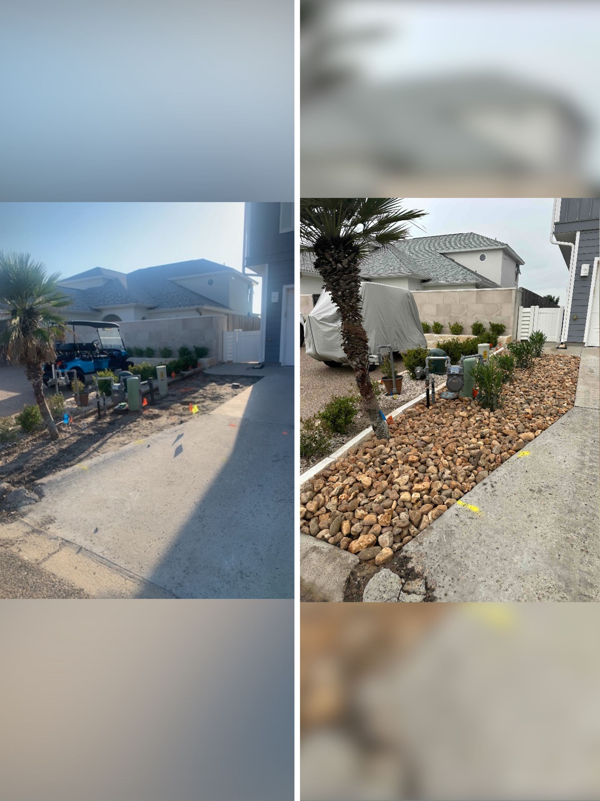 Before-and-after view of a residential side yard renovated with landscape rocks and small shrubs.