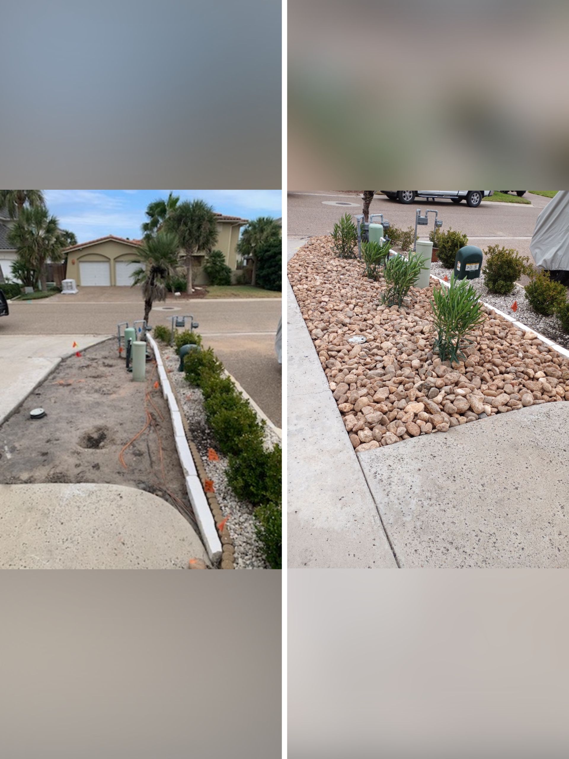 Before and after comparison of a residential landscaping project featuring new rock mulch and plants in a front yard.