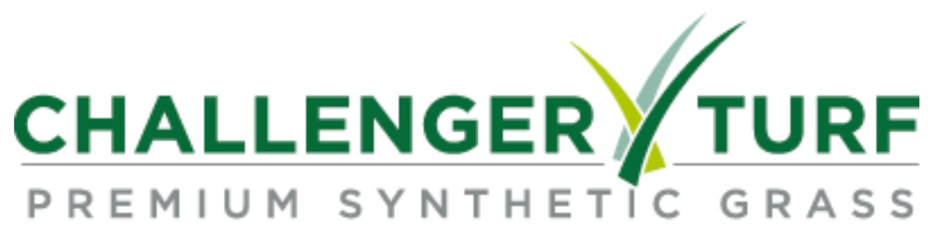 Logo for Challenger Turf, featuring green text and a stylized green and yellow grass blade graphic, with grey text below.