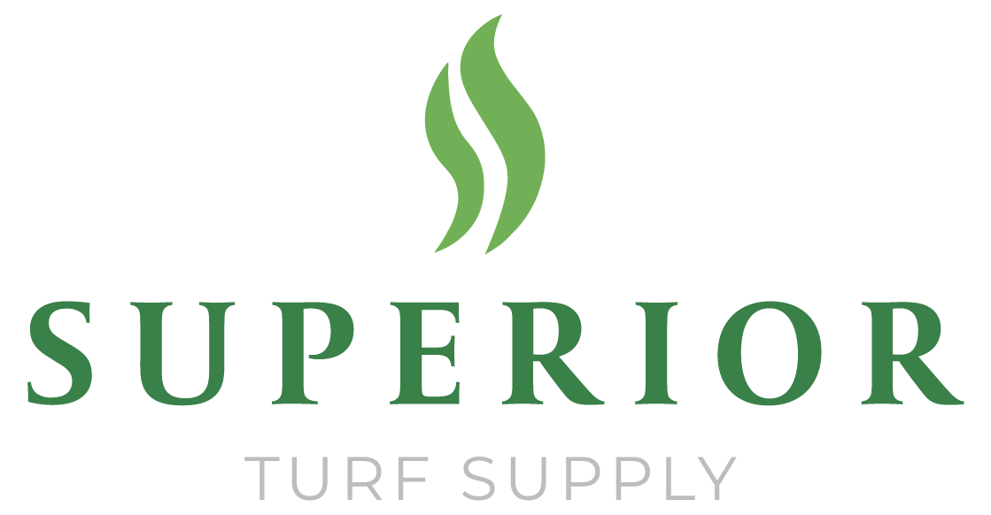 Logo for Superior Turf Supply with a green, stylized leaf icon above the green text, over smaller grey text.