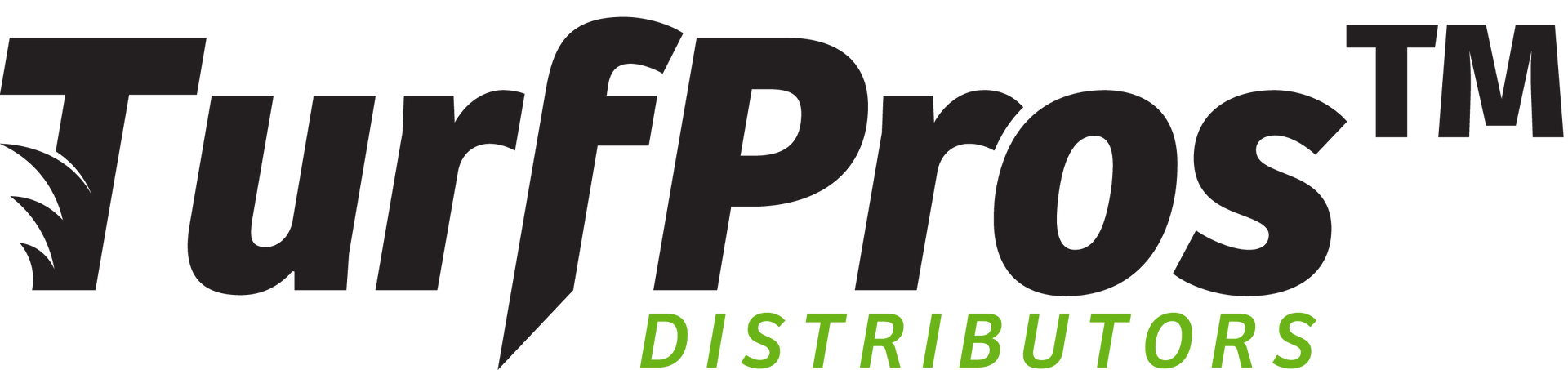 Logo for TurfPros Distributors with black text and a stylized grass icon on the left, plus green
