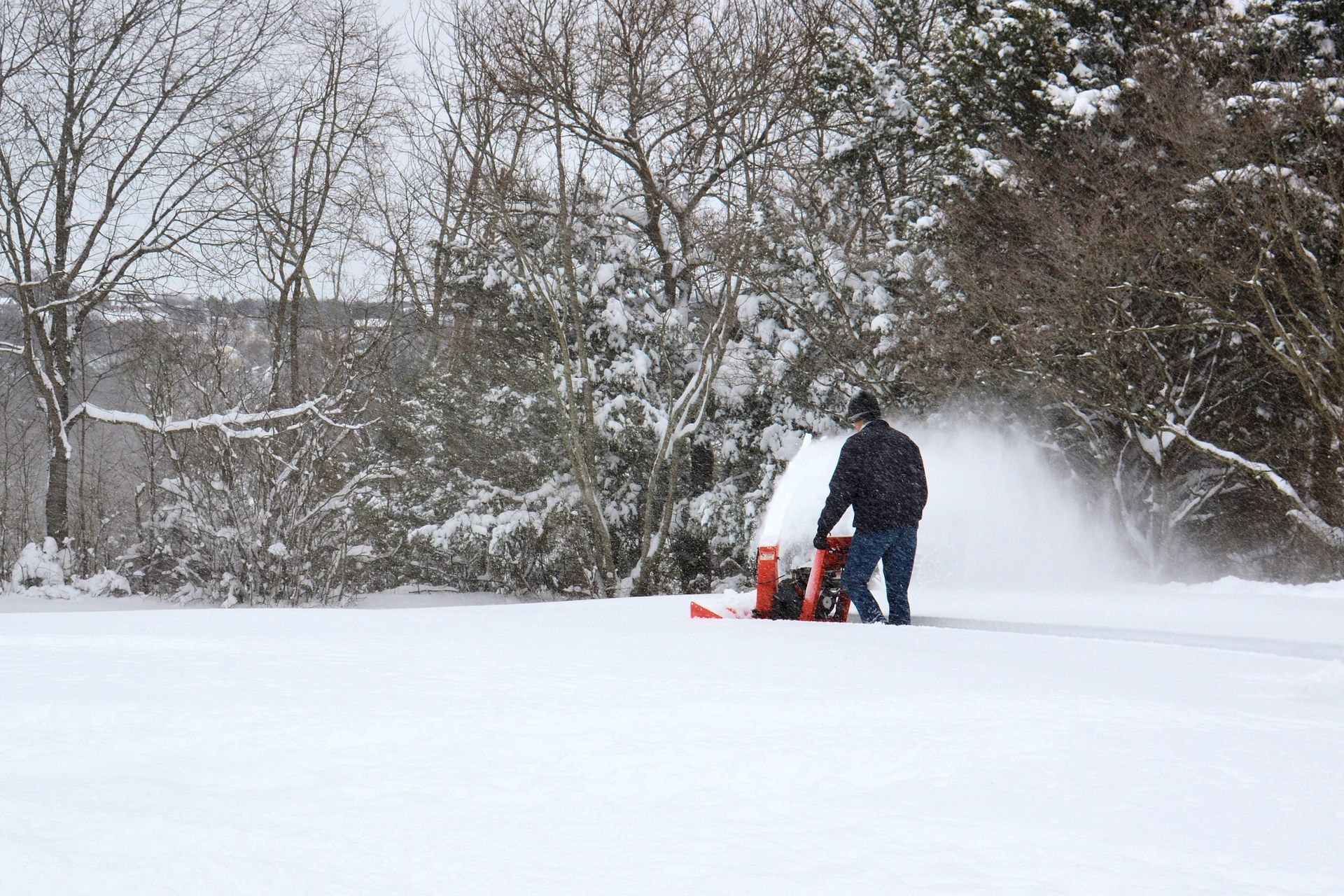 Person using a snowblower on a snowy path, trees in the background.