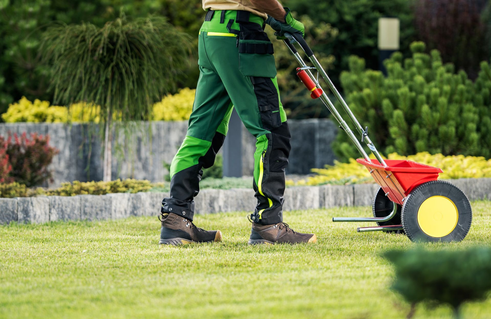 Person using a red lawn mower on a green lawn in a garden