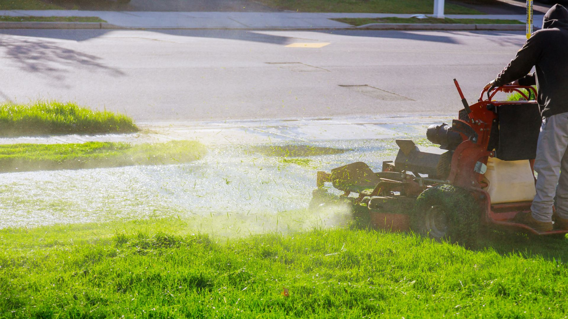 A person operates a red commercial lawn mower, cutting green grass while blowing clippings across the lawn.