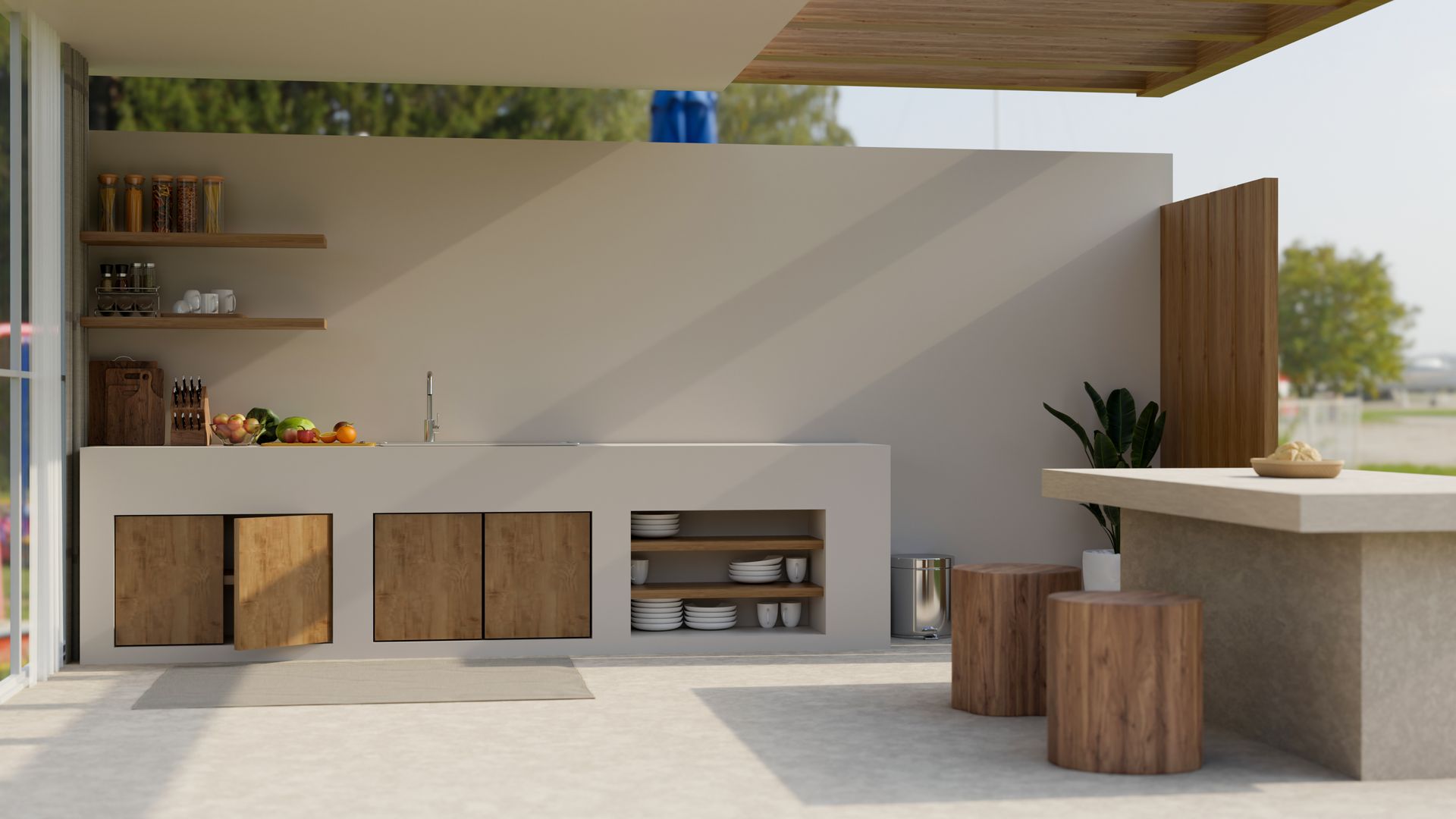 Modern outdoor kitchen with wooden cabinets, bar stools, and a countertop under a pergola