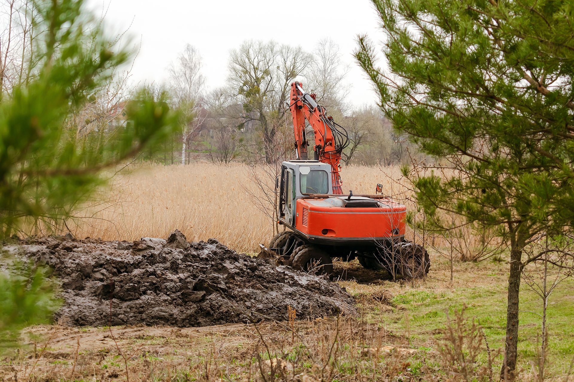 Orange excavator clearing muddy ground amid brush and trees in a field