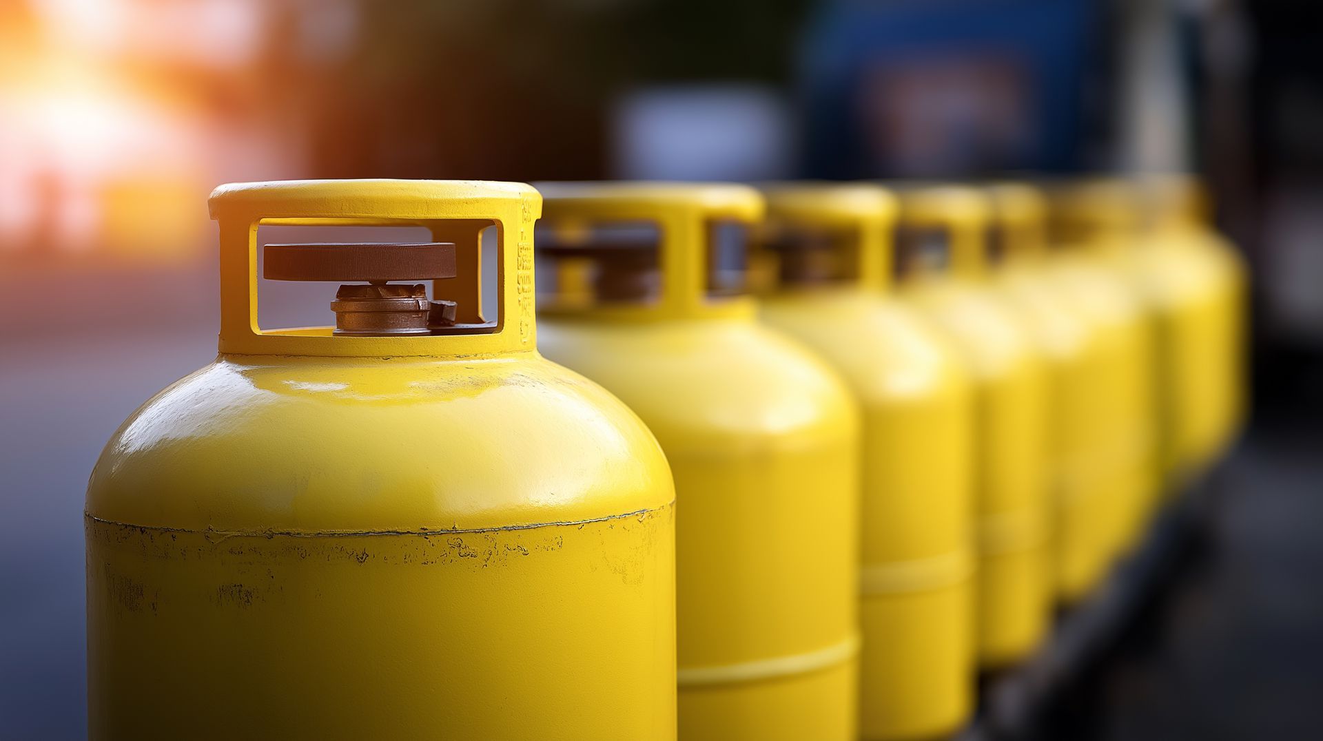 Row of yellow gas cylinders aligned in an industrial setting with shallow depth of field. Row of yellow gas cylinders aligned in an industrial setting with shallow depth of field.