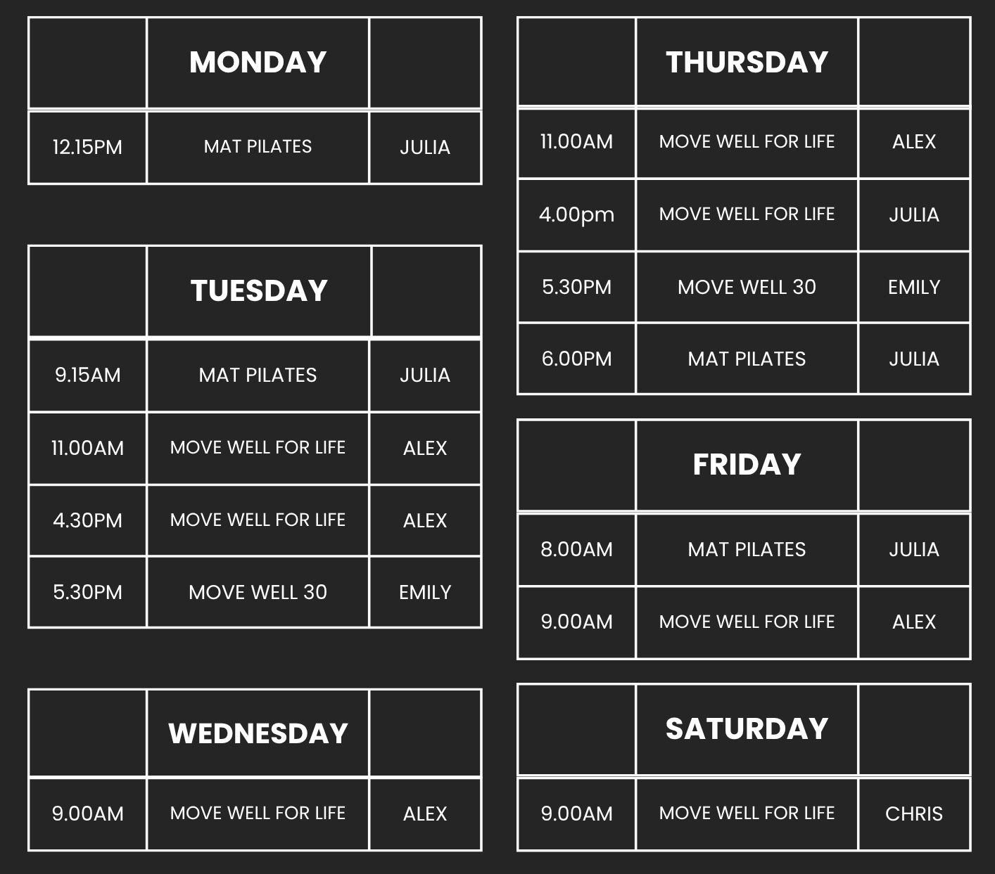 Class timetable Active Balance St Marys