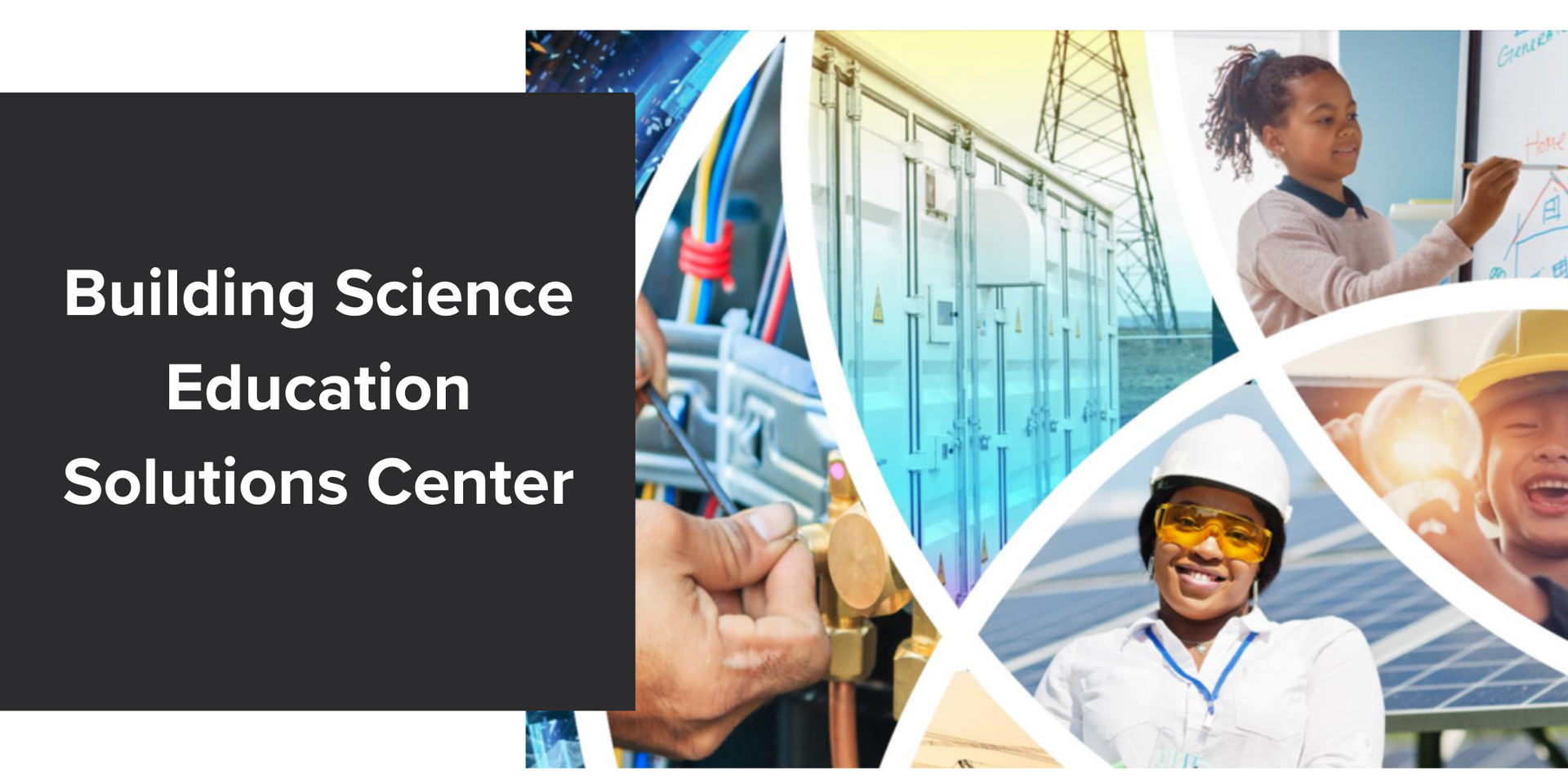 A collage of pictures of people working in a building science education solutions center.