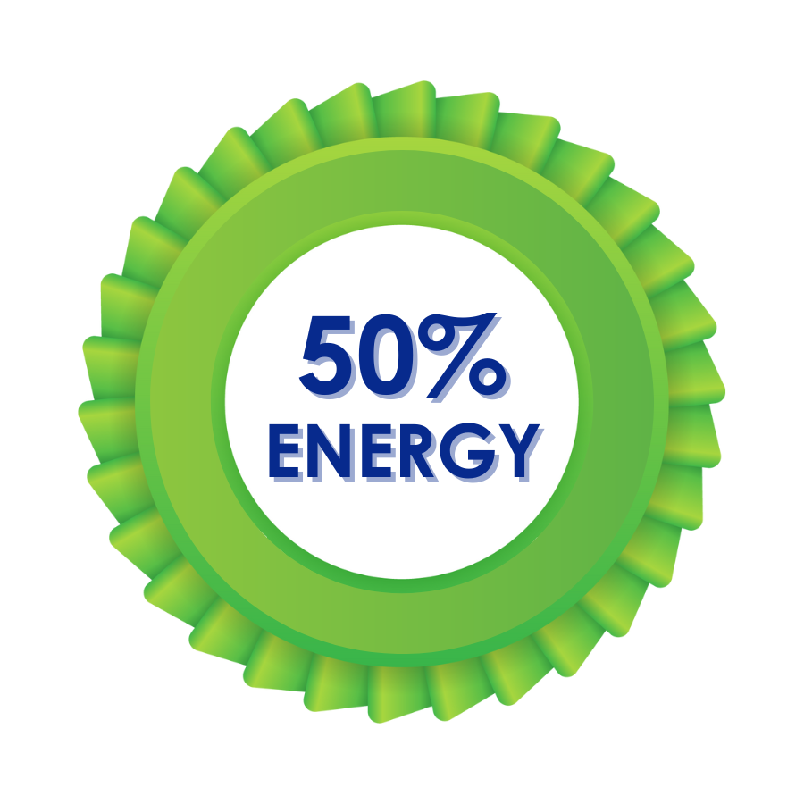 A green badge that says 50 % energy on it