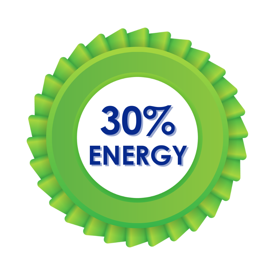 A green badge that says 30 % energy on it