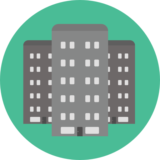 Three buildings are lined up in a circle on a green background.