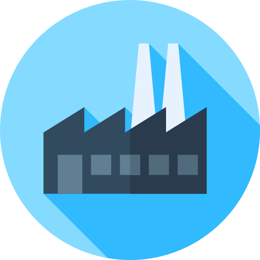 An icon of a factory with a long shadow on a blue circle.