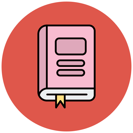 A pink book with a yellow bookmark is in a red circle.