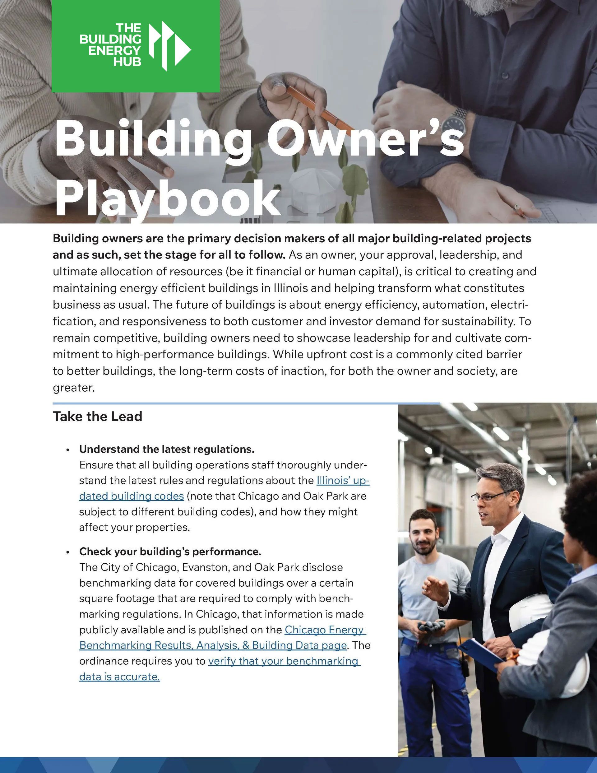 It is a building owner 's playbook that shows a group of people talking to each other.