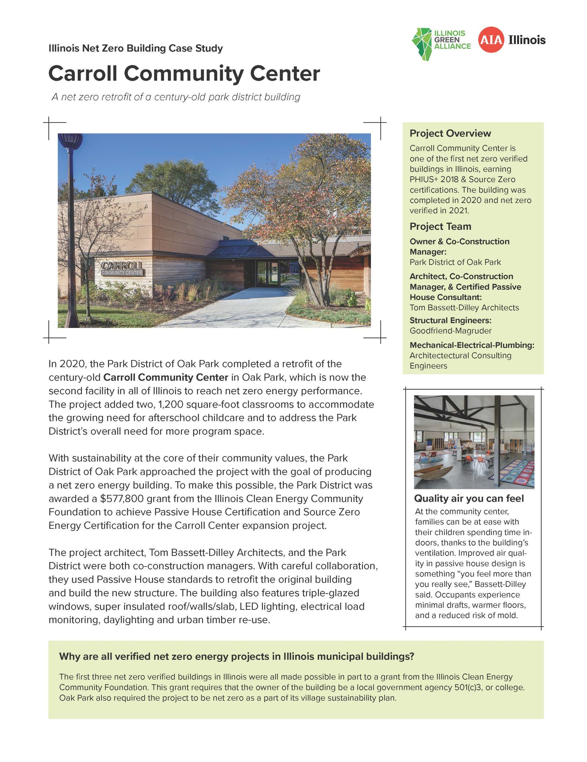 A brochure for the carroll community center shows a picture of the building and a description of the building.