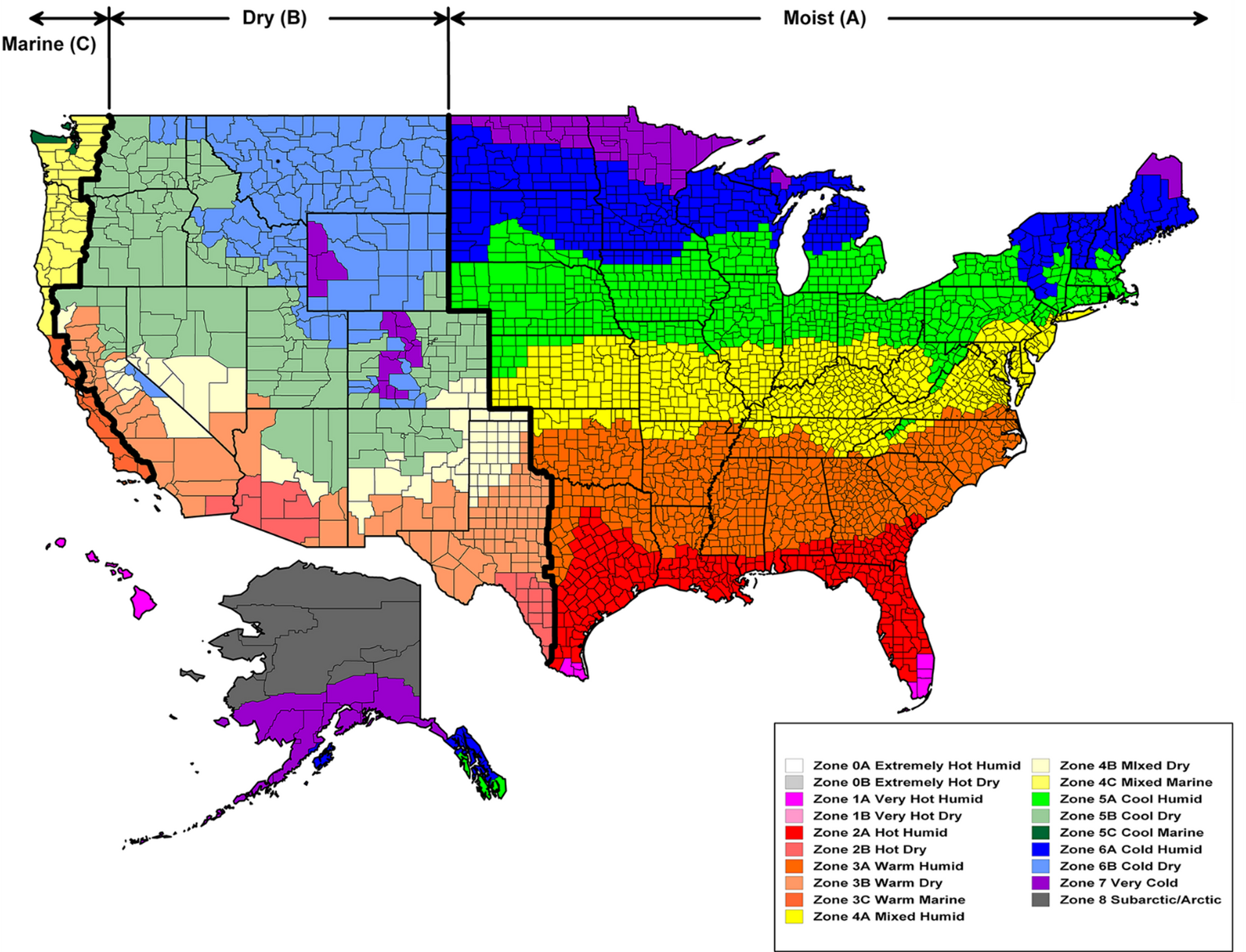 A map of the united states showing different climate zones