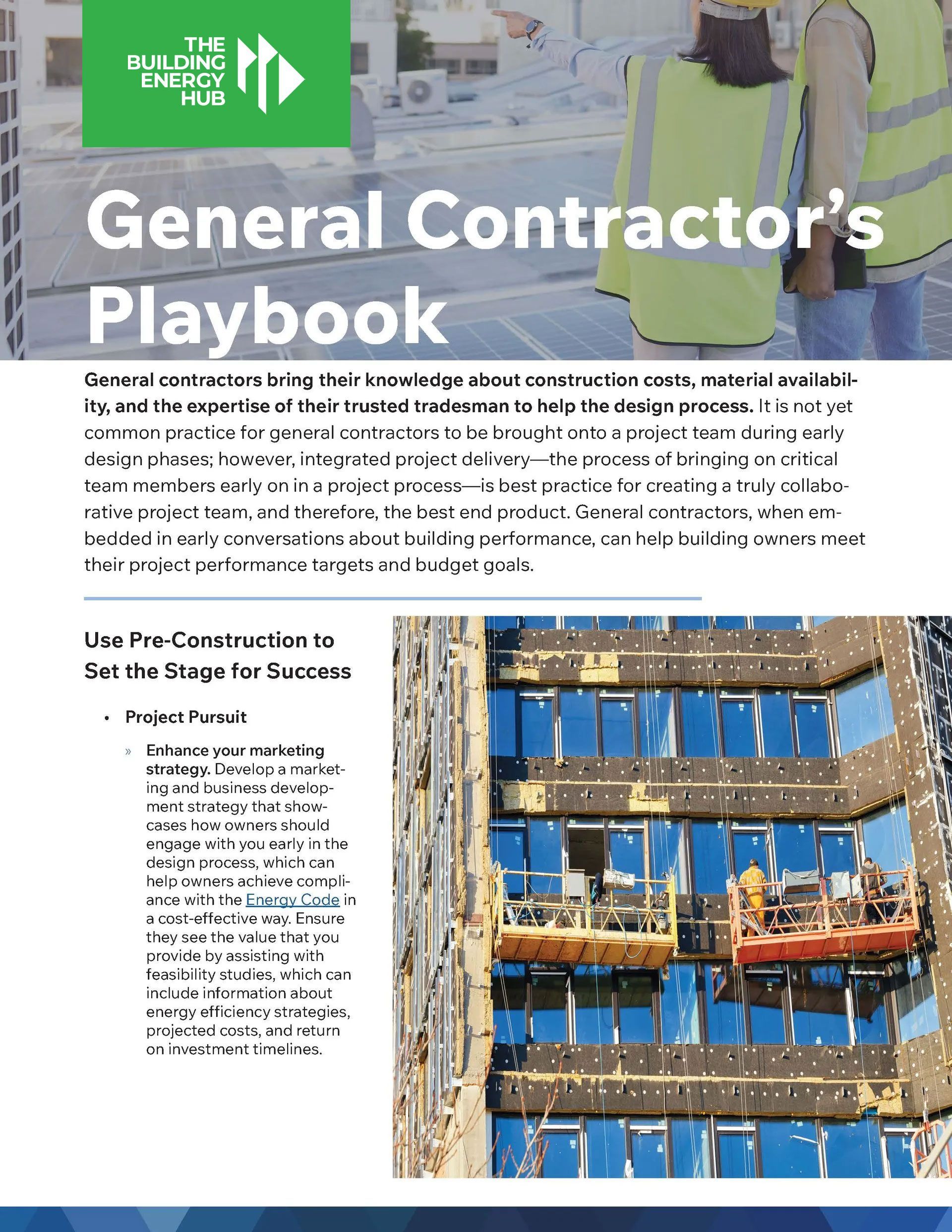 A general contractor 's playbook with a picture of a building under construction.