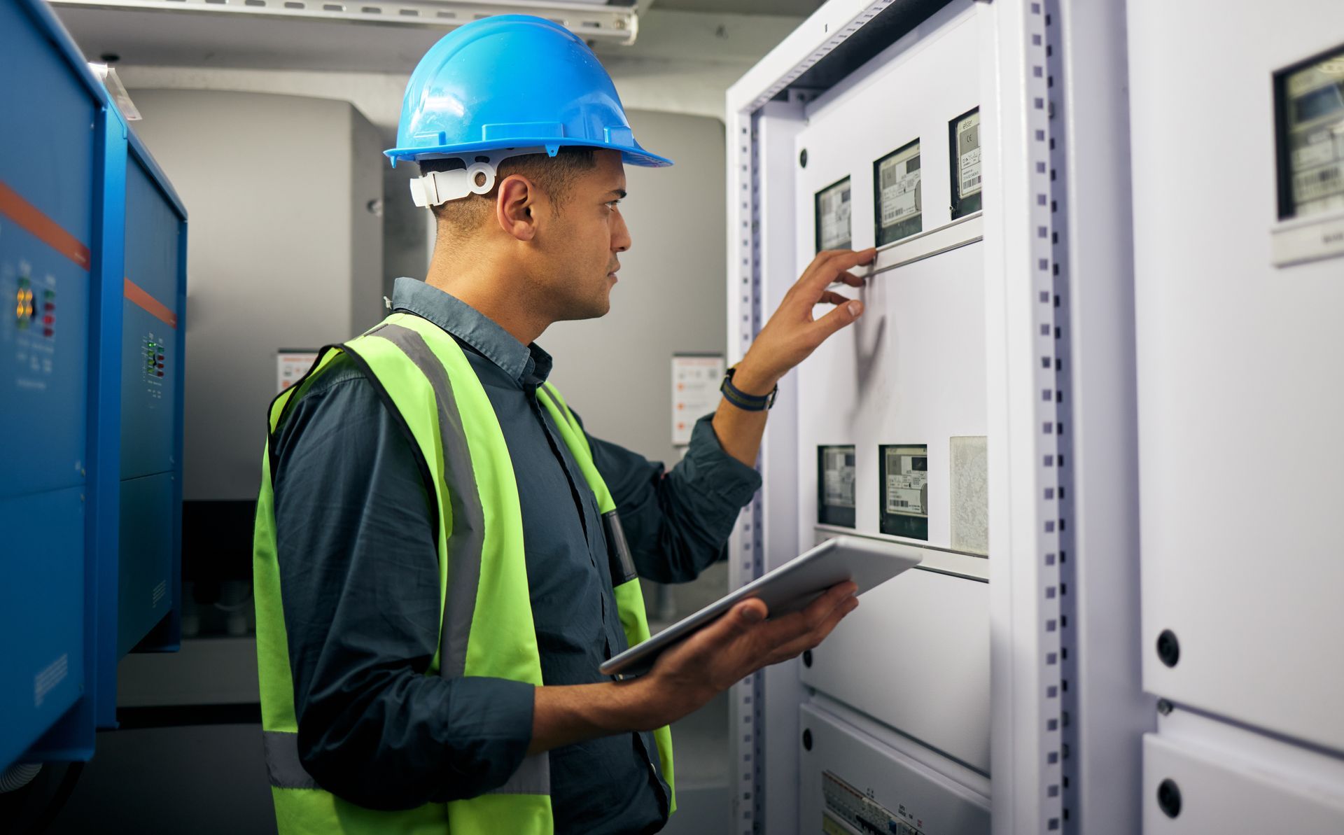 A man in a hard hat and safety vest is looking at a tablet.