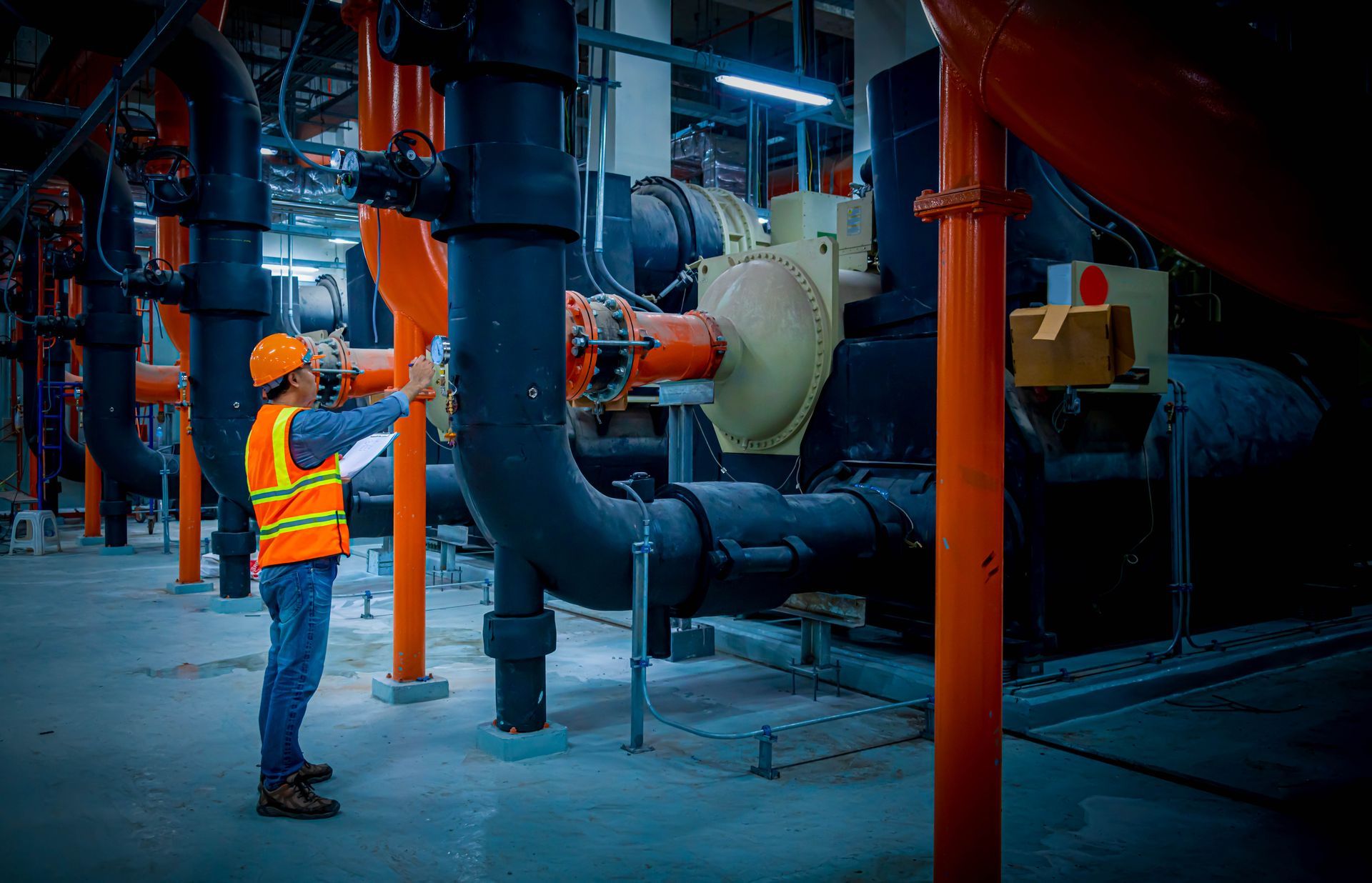 A man is standing in a factory looking at pipes.
