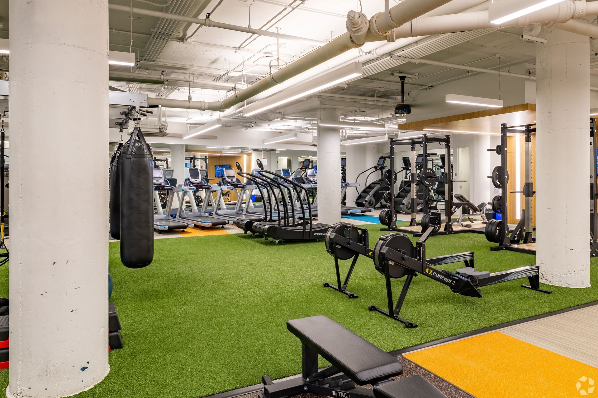 A large gym with a lot of equipment and a boxing bag hanging from the ceiling.
