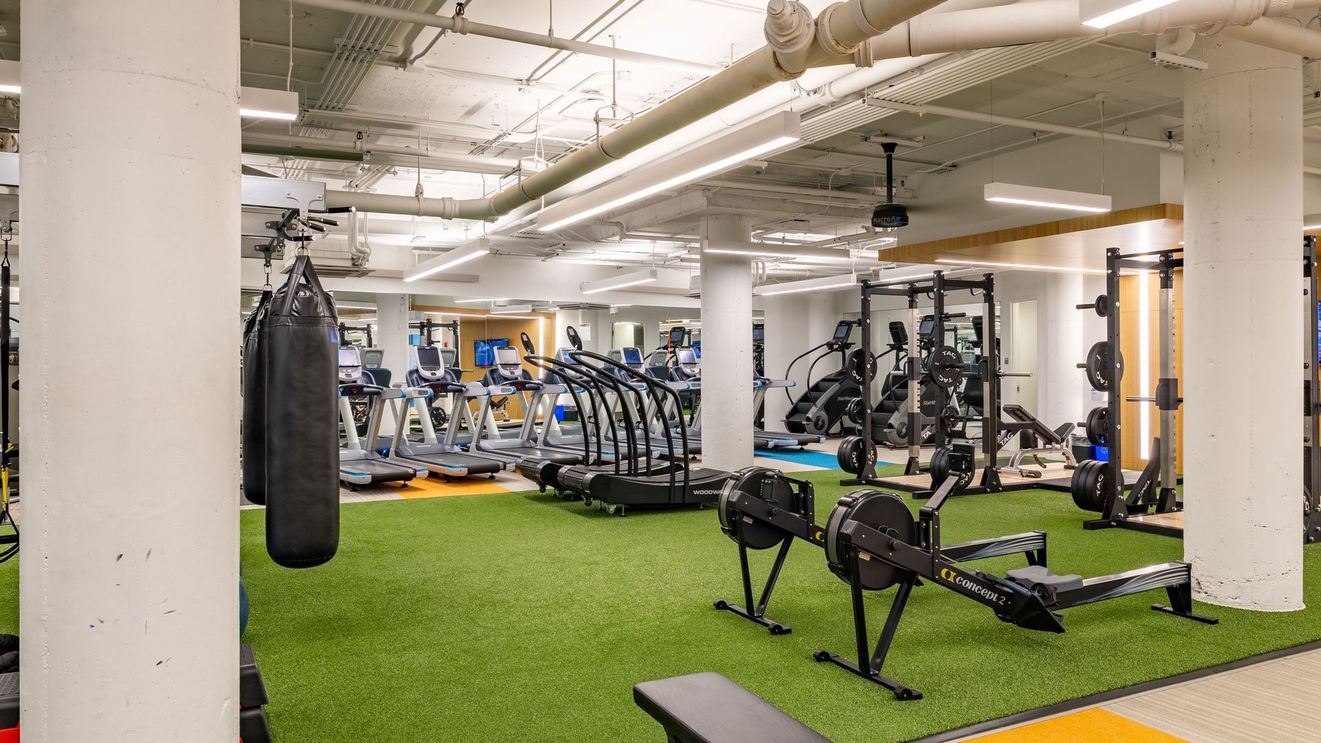 A large gym with a lot of equipment and a boxing bag hanging from the ceiling.