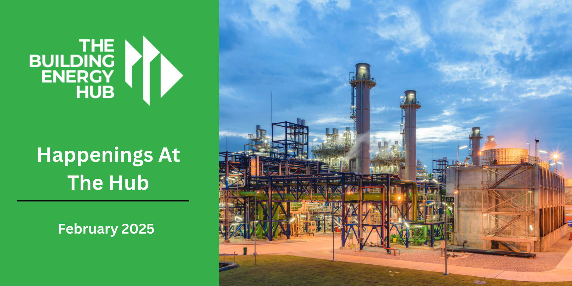 A poster for the building energy hub with a picture of a factory.