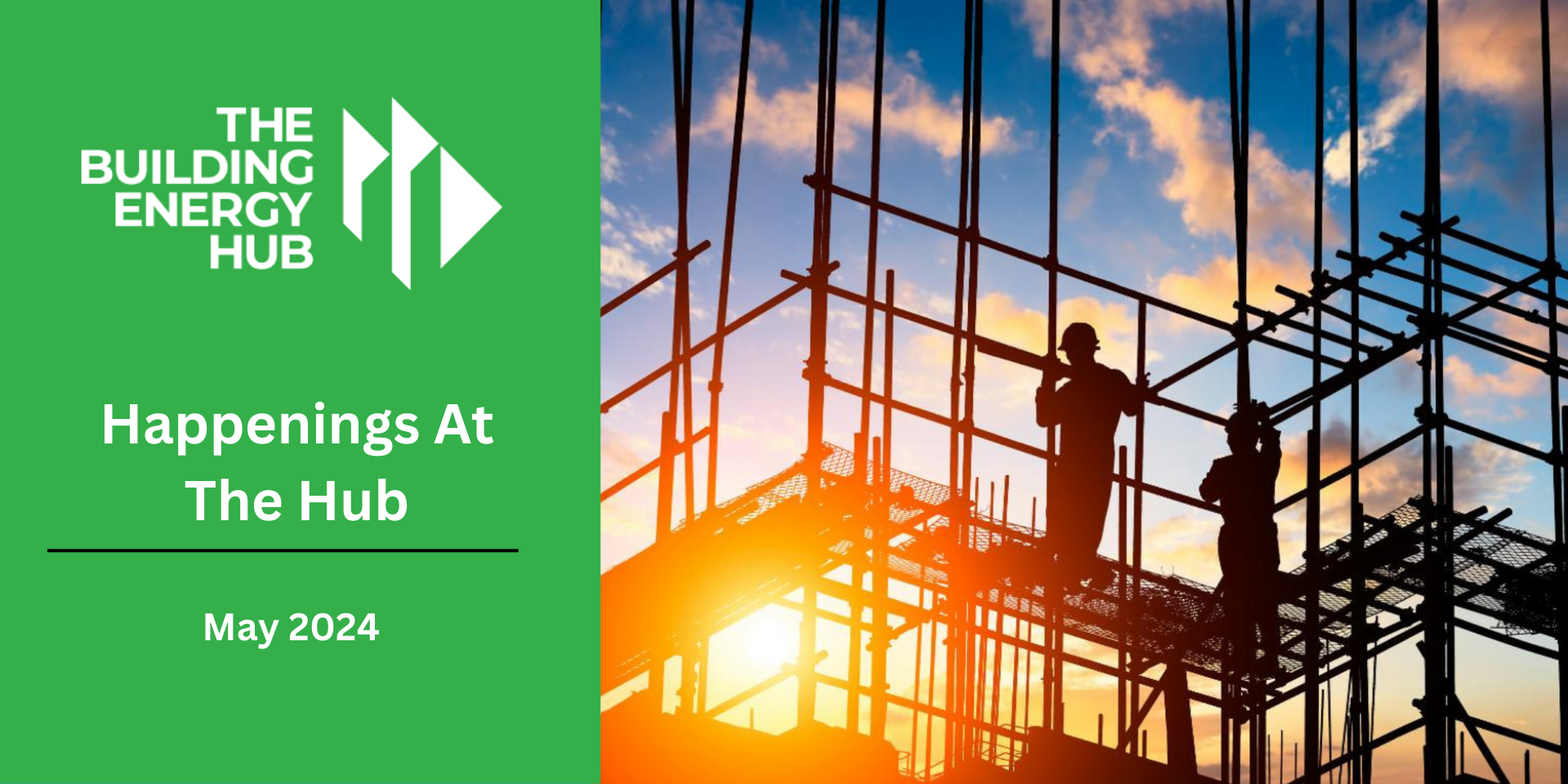 Two construction workers are standing on top of a building under construction.
