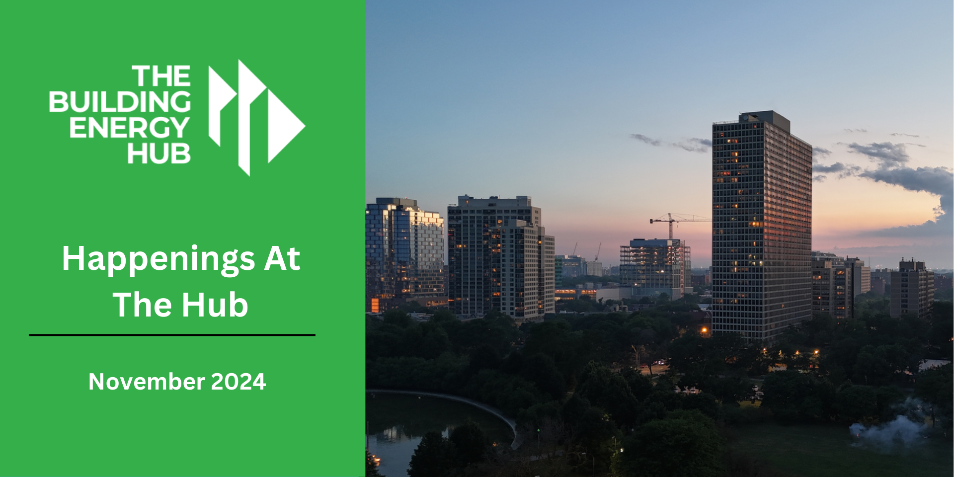 A green banner for the building energy hub with a picture of a city skyline.