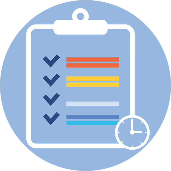 An icon of a clipboard with arrows and a clock