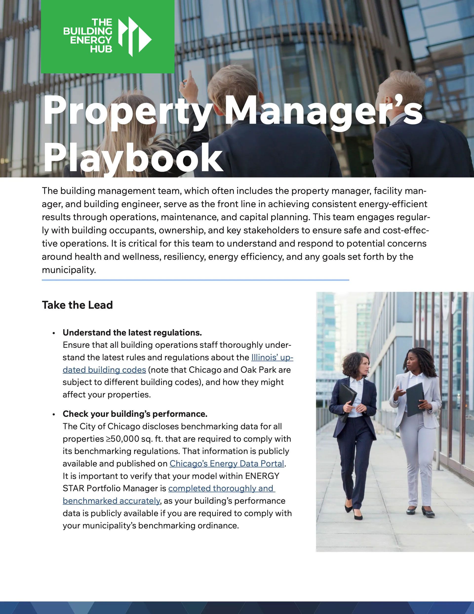 A property manager 's playbook with a picture of two women walking down a sidewalk.