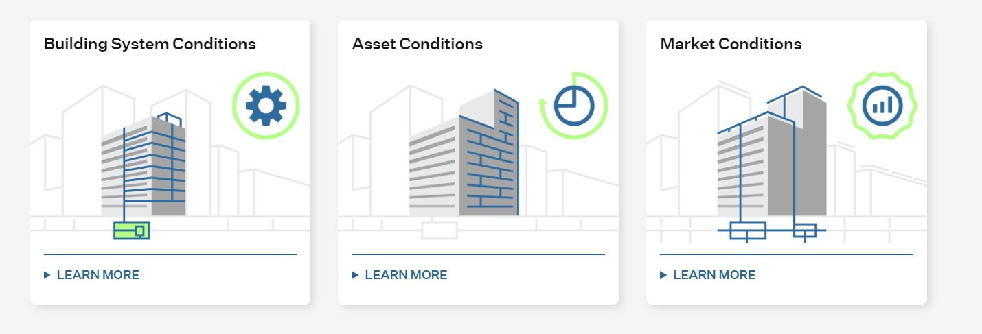 Three different types of buildings are shown on a white background.
